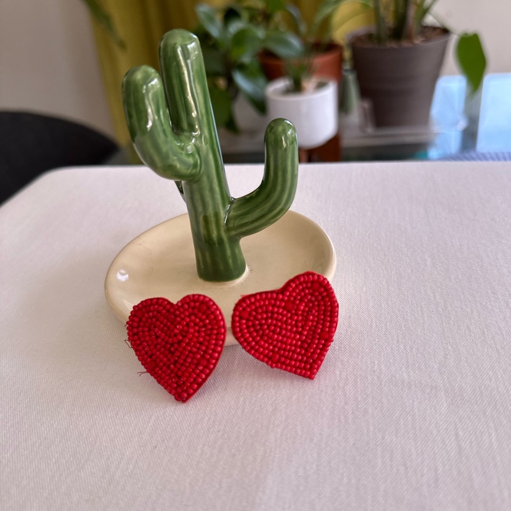 Bold Red Beaded Heart Earrings